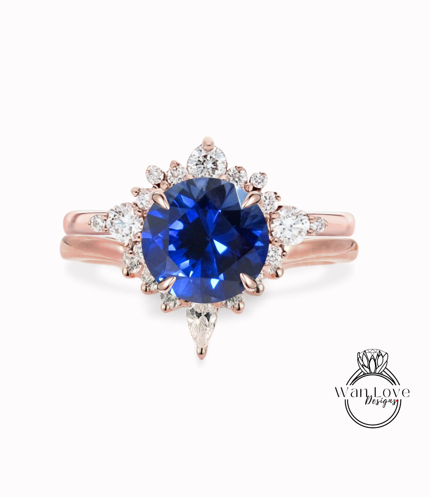 Blue Sapphire engagement ring set white gold Diamond Unique Round Cluster engagement ring women vintage Pear shaped wedding Anniversary gift