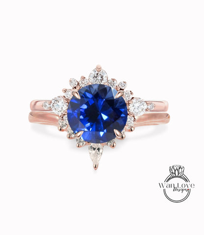 Blue Sapphire engagement ring set white gold Diamond Unique Round Cluster engagement ring women vintage Pear shaped wedding Anniversary gift