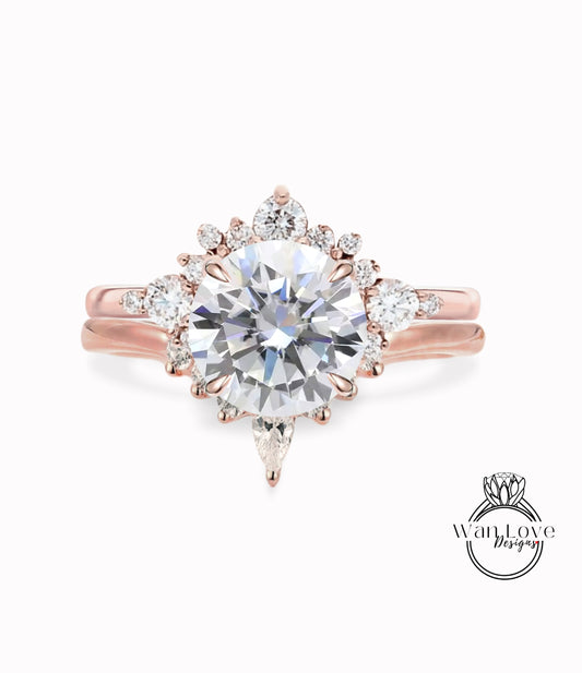 Diamond engagement ring set white gold Unique Round Cluster engagement ring women vintage Pear wedding band IGI HPHT CVD Anniversary gift