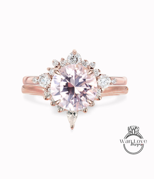 Light Pink Sapphire engagement ring set white gold Unique Round Cluster engagement ring women vintage Pear shape wedding Anniversary gift