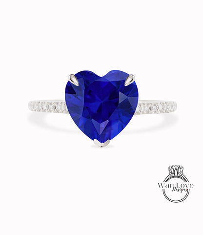 Heart cut Blue Sapphire Ring Heart Shaped Celebrity Engagement Ring 14k white Gold Ring Women Anniversary Gift Ring Bridal Gift Ring