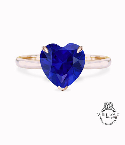 Heart cut Blue Sapphire Engagement ring vintage white gold solitaire engagement ring woman unique alternative ring Bridal Anniversary gift