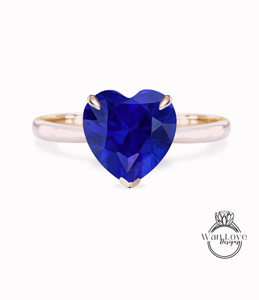 Heart cut Blue Sapphire Engagement ring vintage white gold solitaire engagement ring woman unique alternative ring Bridal Anniversary gift