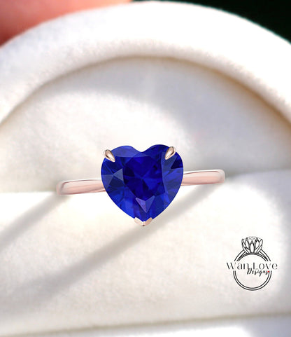 Heart cut Blue Sapphire Engagement ring vintage white gold solitaire engagement ring woman unique alternative ring Bridal Anniversary gift