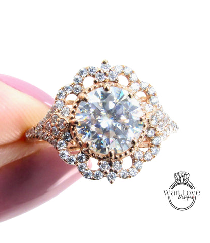 Anello di fidanzamento con motivo floreale ornato di Moissanite, gambo diviso, 8 poli, 2 ct, 8 mm, oro rosa, regalo di anniversario di matrimonio personalizzato, pronto per la spedizione