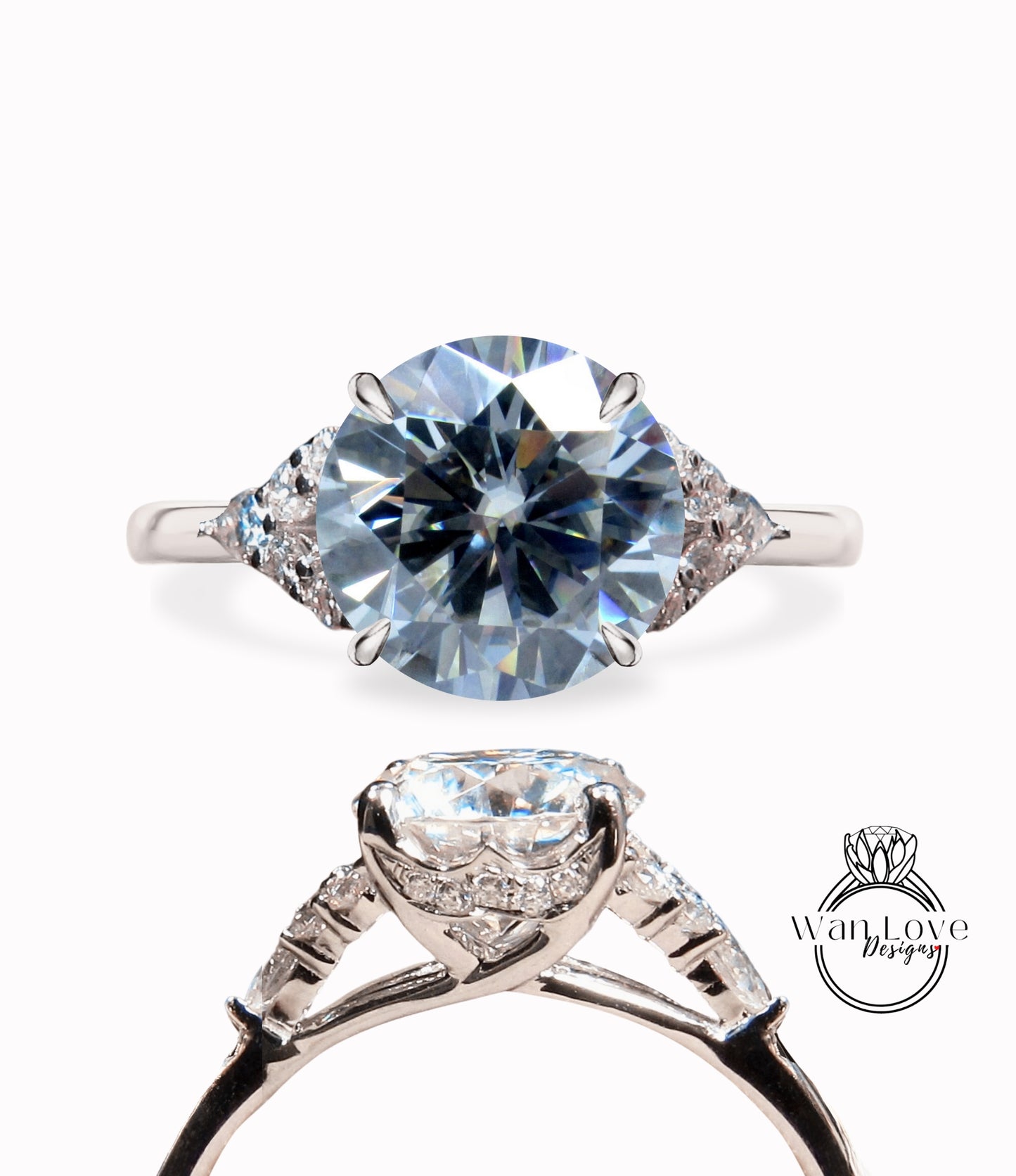 Gray Moissanite & Diamond Round Claw prong Pear split shank Engagement Ring Art Deco Vintage 14k 18k White Rose Gold Wedding Anniversary Gift