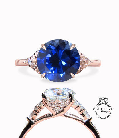 Anello di fidanzamento con zaffiro blu e diamante rotondo con punta ad artiglio, pera con gambo diviso, Art Deco, vintage, regalo di anniversario di matrimonio in oro rosa bianco 14k 18k