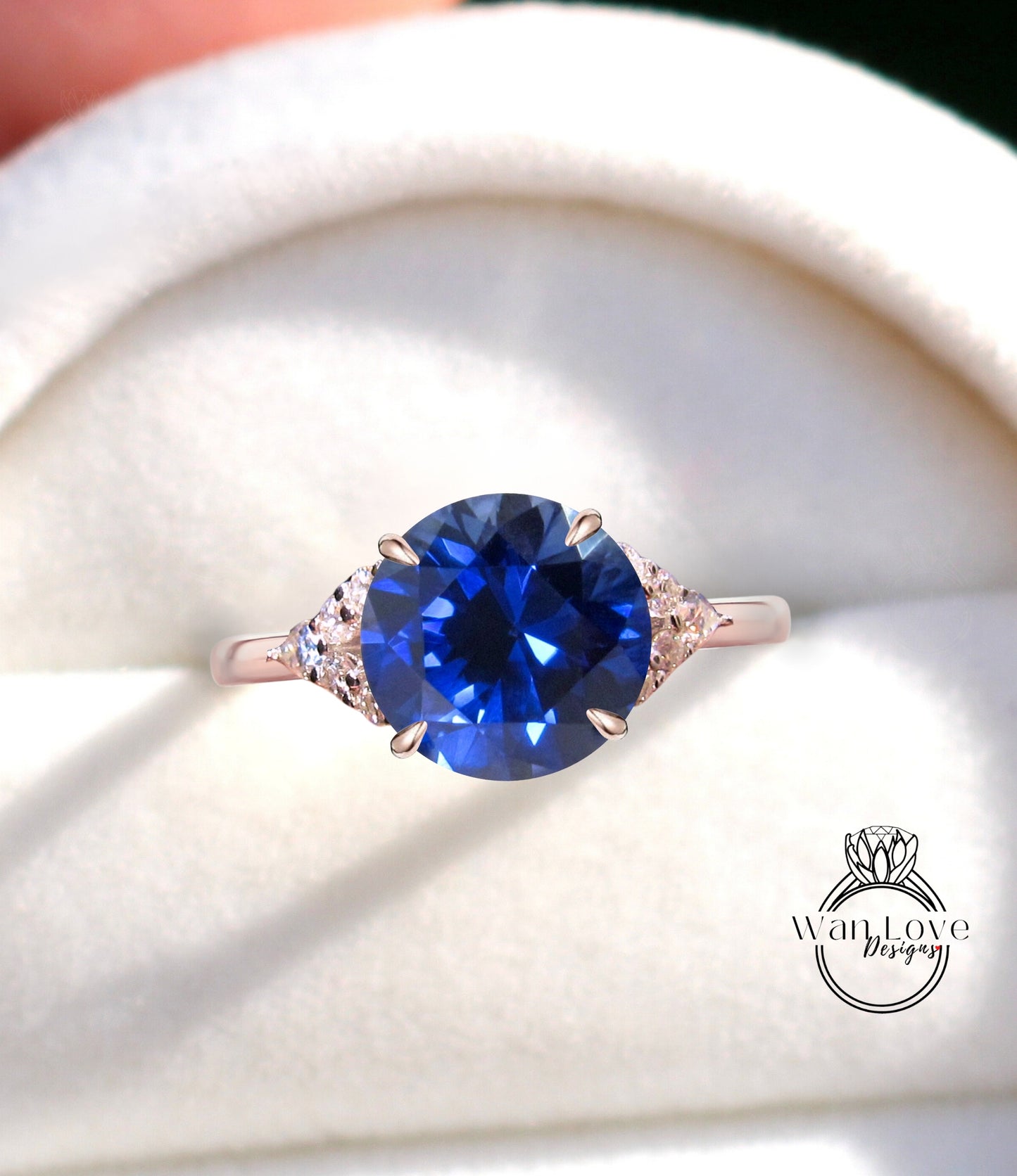 Anello di fidanzamento con zaffiro blu e diamante rotondo con punta ad artiglio, pera con gambo diviso, Art Deco, vintage, regalo di anniversario di matrimonio in oro rosa bianco 14k 18k