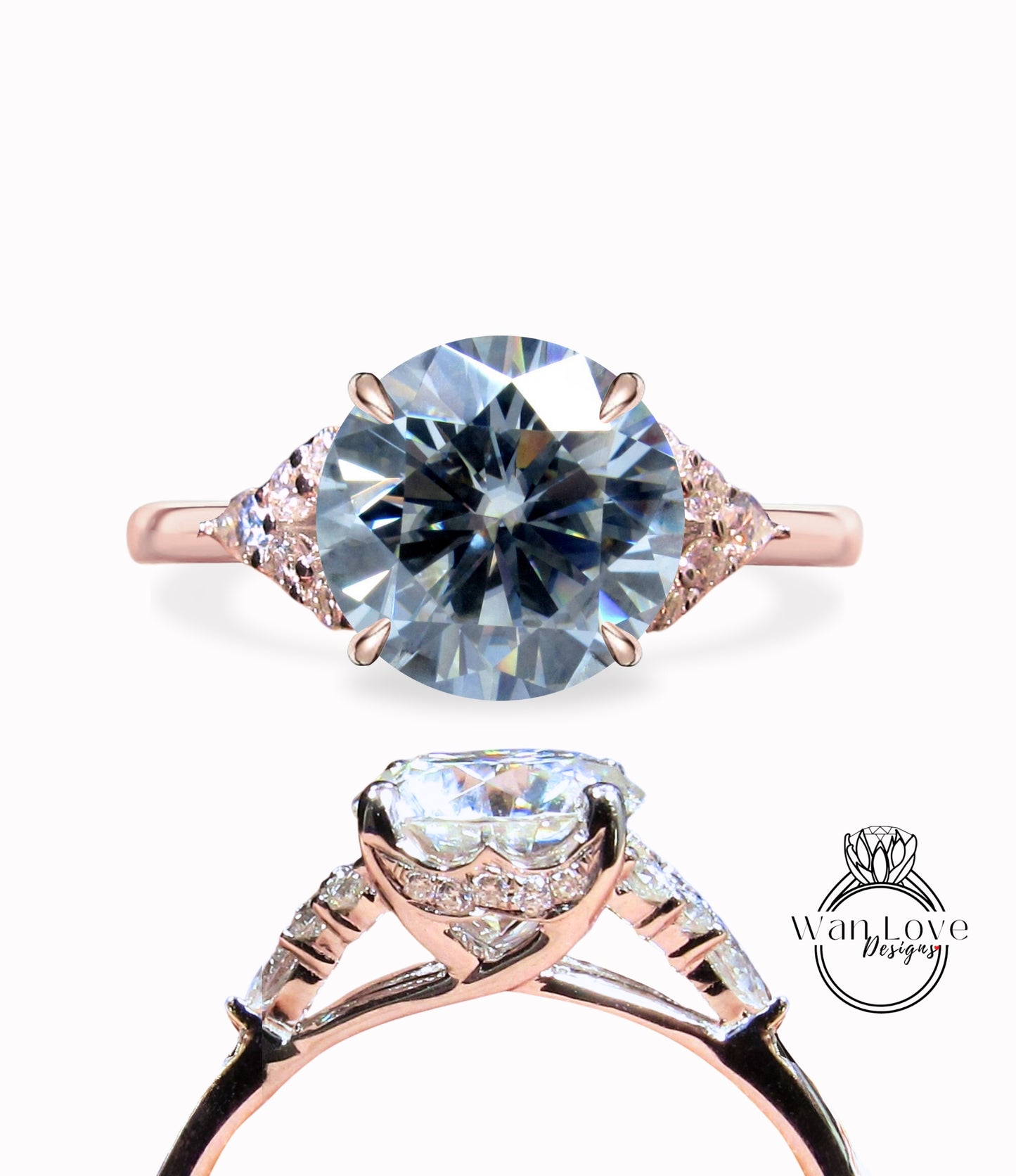 Gray Moissanite & Diamond Round Claw prong Pear split shank Engagement Ring Art Deco Vintage 14k 18k White Rose Gold Wedding Anniversary Gift