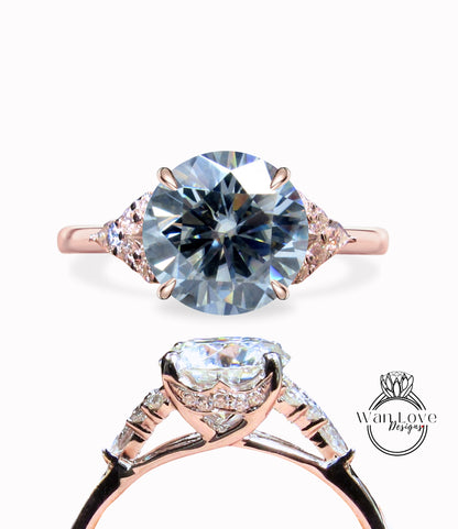 Gray Moissanite & Diamond Round Claw prong Pear split shank Engagement Ring Art Deco Vintage 14k 18k White Rose Gold Wedding Anniversary Gift