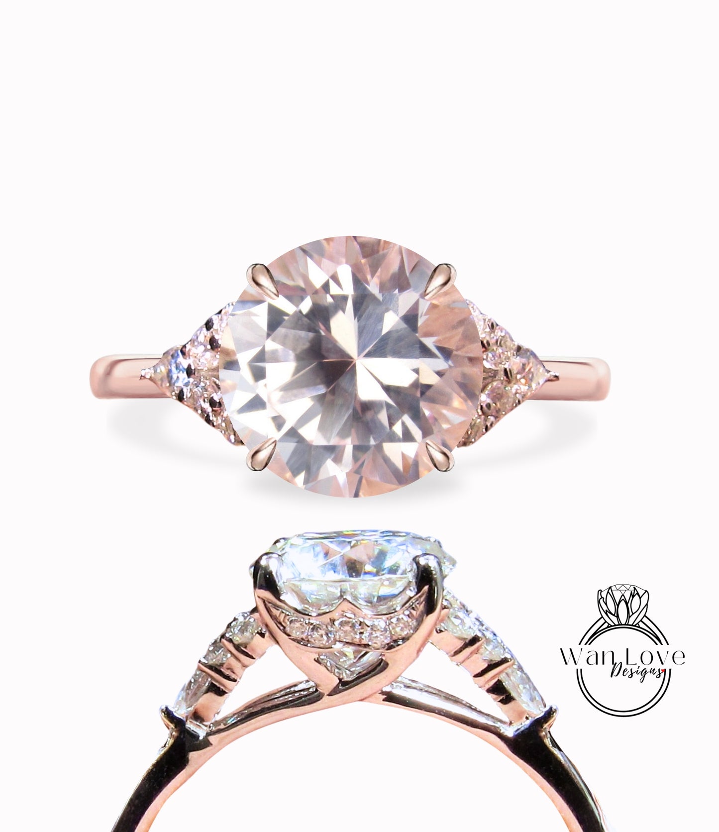Peach Sapphire & Diamond Round Claw prong Pear split shank Engagement Ring Art Deco Vintage 14k 18k White Rose Gold Wedding Anniversary Gift