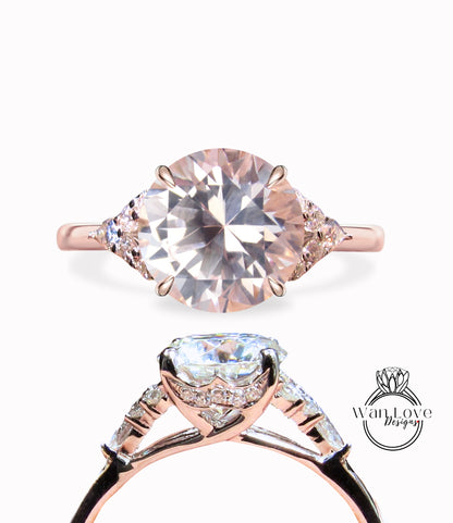 Peach Sapphire & Diamond Round Claw prong Pear split shank Engagement Ring Art Deco Vintage 14k 18k White Rose Gold Wedding Anniversary Gift