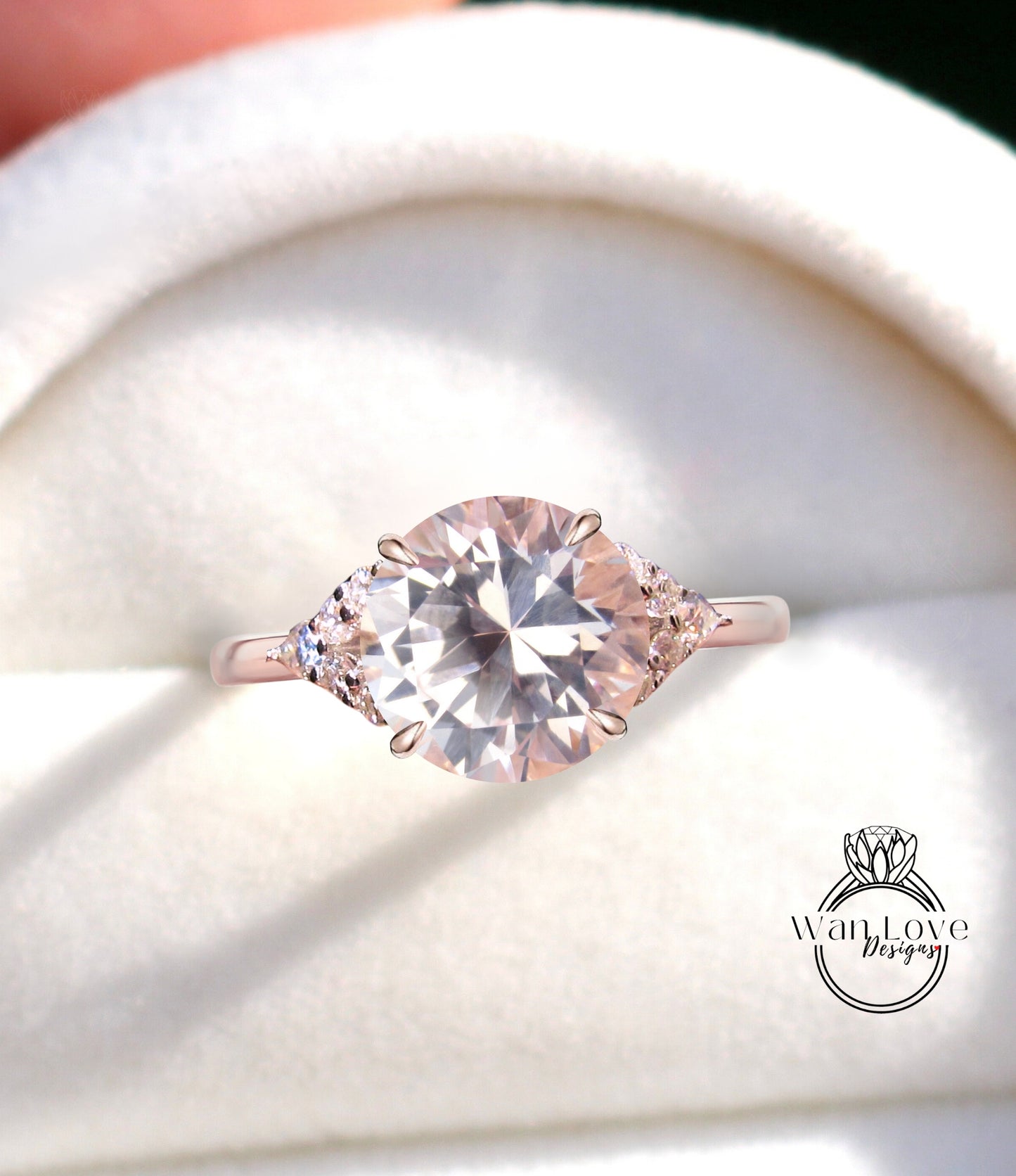 Peach Sapphire & Diamond Round Claw prong Pear split shank Engagement Ring Art Deco Vintage 14k 18k White Rose Gold Wedding Anniversary Gift