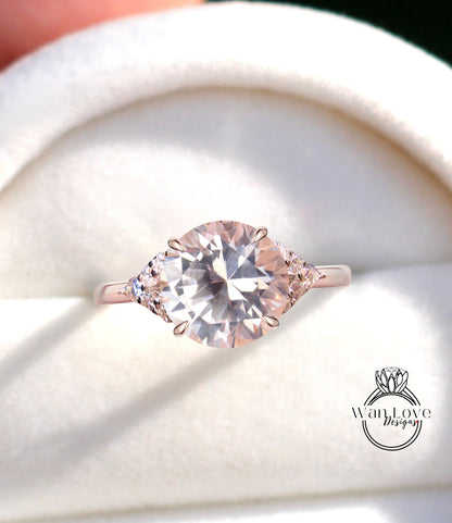 Peach Sapphire & Diamond Round Claw prong Pear split shank Engagement Ring Art Deco Vintage 14k 18k White Rose Gold Wedding Anniversary Gift