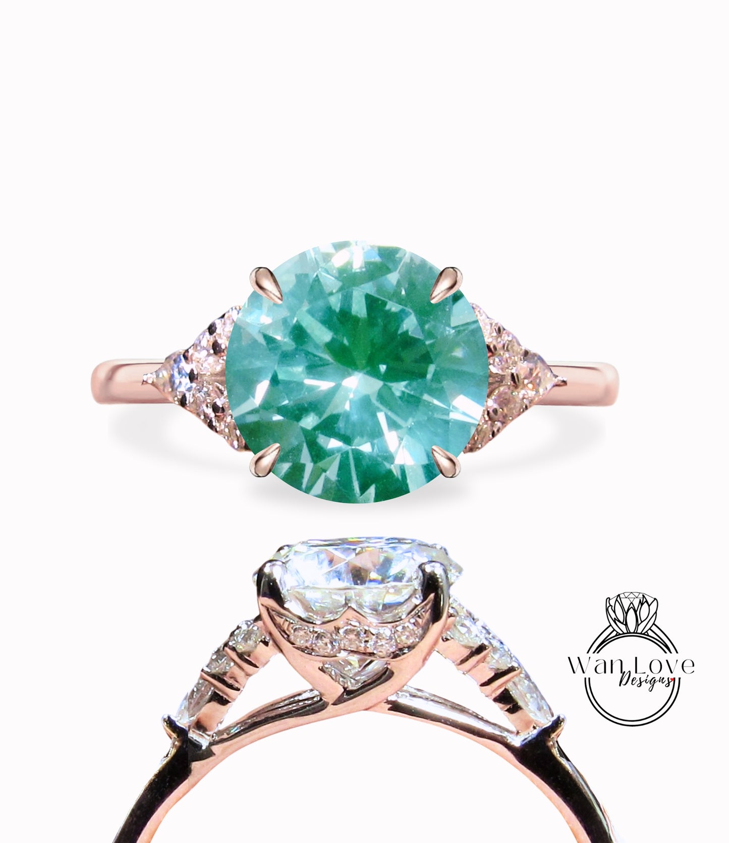 Anello di fidanzamento rotondo Teal Spinel vintage in oro rosa Art Deco Cluster anello di fidanzamento donna 8 poli Moissanite matrimonio anniversario nuziale