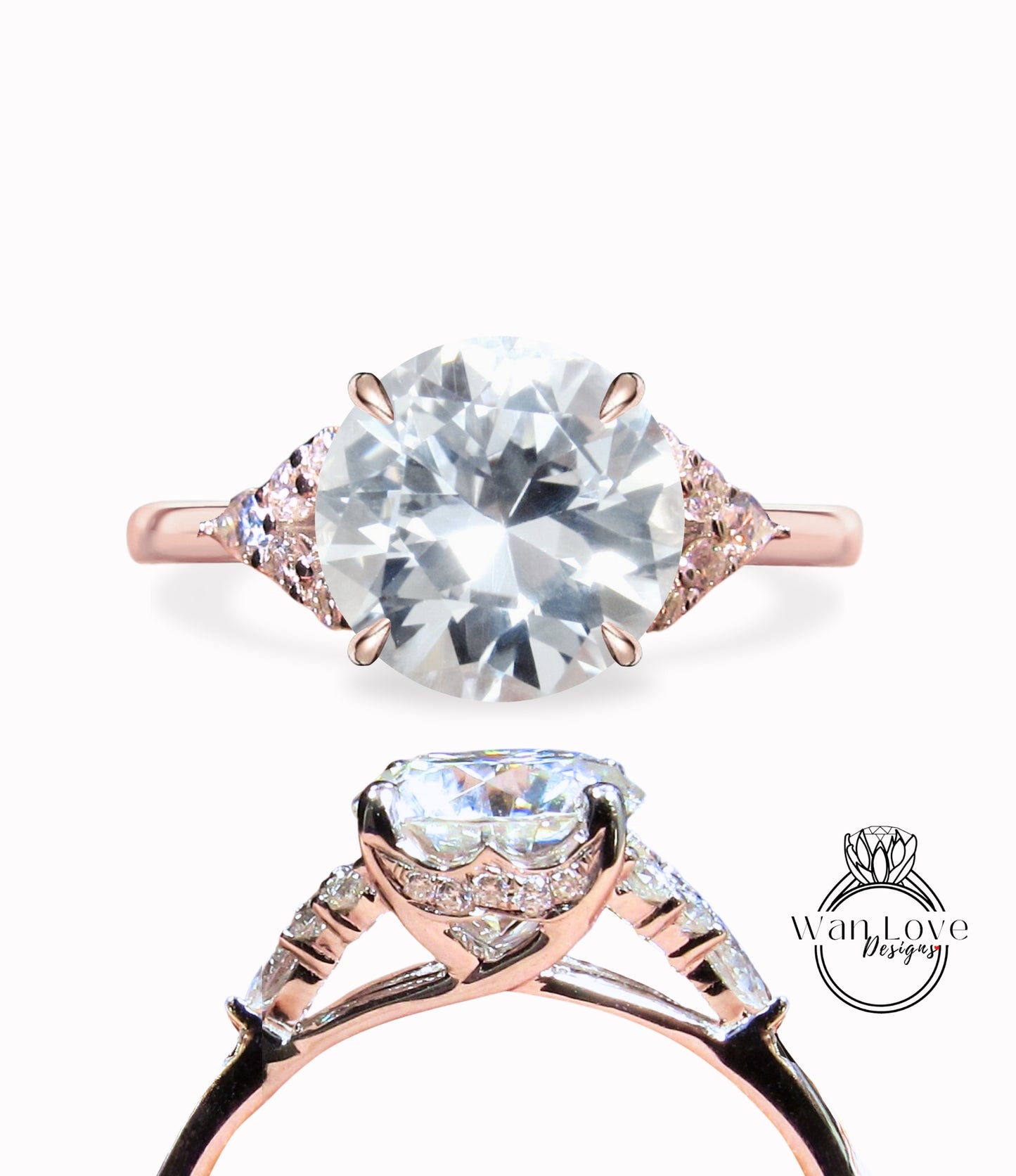 Anello di fidanzamento con zaffiro bianco e diamante rotondo con punta ad artiglio e gambo diviso pera, 2 ct, 8 mm, oro rosa bianco 14 kt, regalo per anniversario di matrimonio