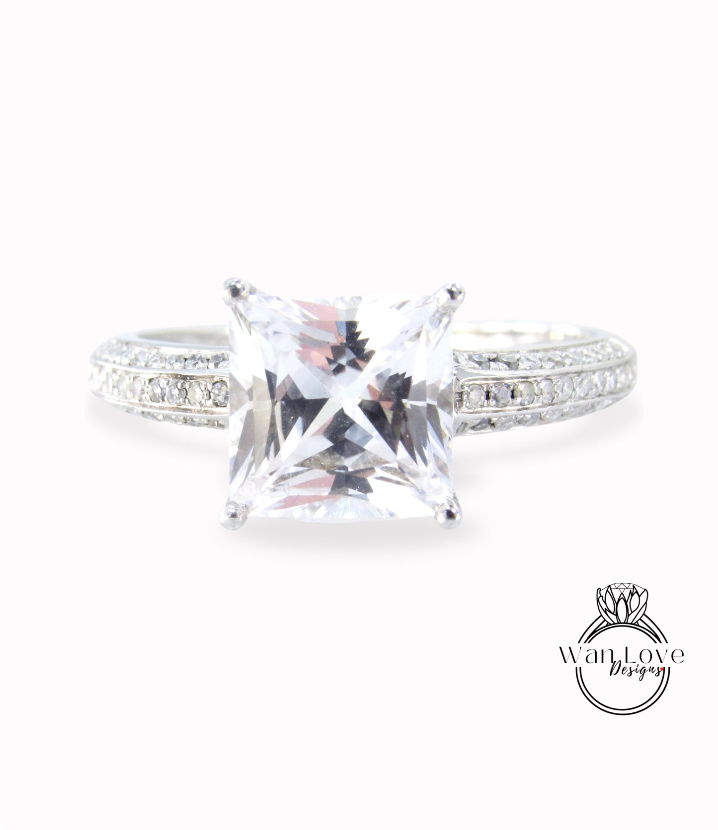 White Sapphire Princess cut 3 Sided Shank Band Engagement Ring-2.5ct-7.5mm-Silver Rhodium-Square-Wedding-Promise Ring-Ready to ship