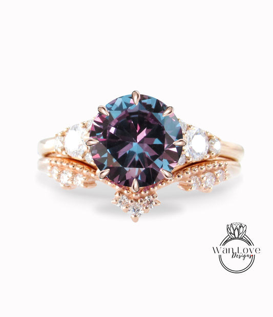 Unique Rose gold Purple Sapphire Alexandrite engagement ring set Round Cluster Royal ring women Curved crown Diamond wedding Bridal gift