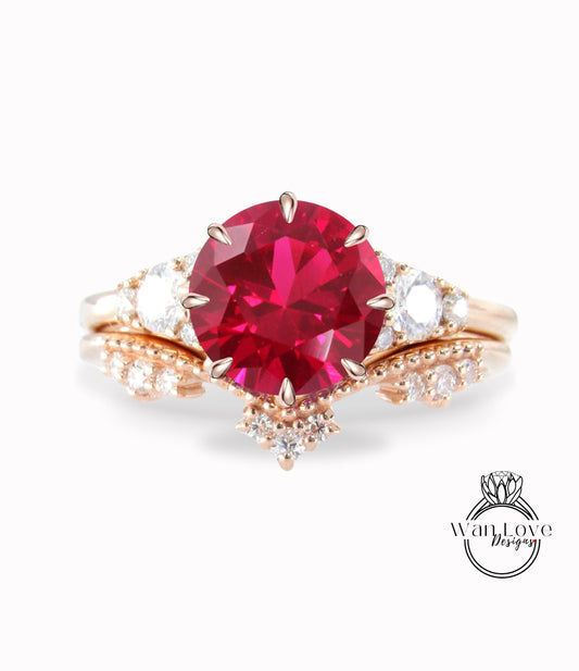 Unique Rose gold Ruby engagement ring set Round Cluster Royal ring Round women Curved crown Diamond wedding Band Ring Bridal gift
