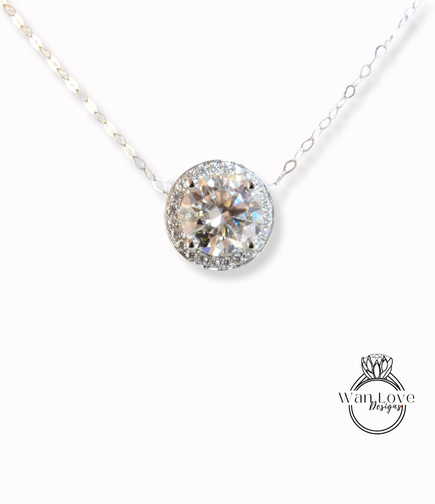 Moissanite Halo Round Pendant Charm Necklace Thin Dainty Chain, 2ct, 8mm, Anniversary Gift, Wedding, White OR Rose Gold-Ready to Ship