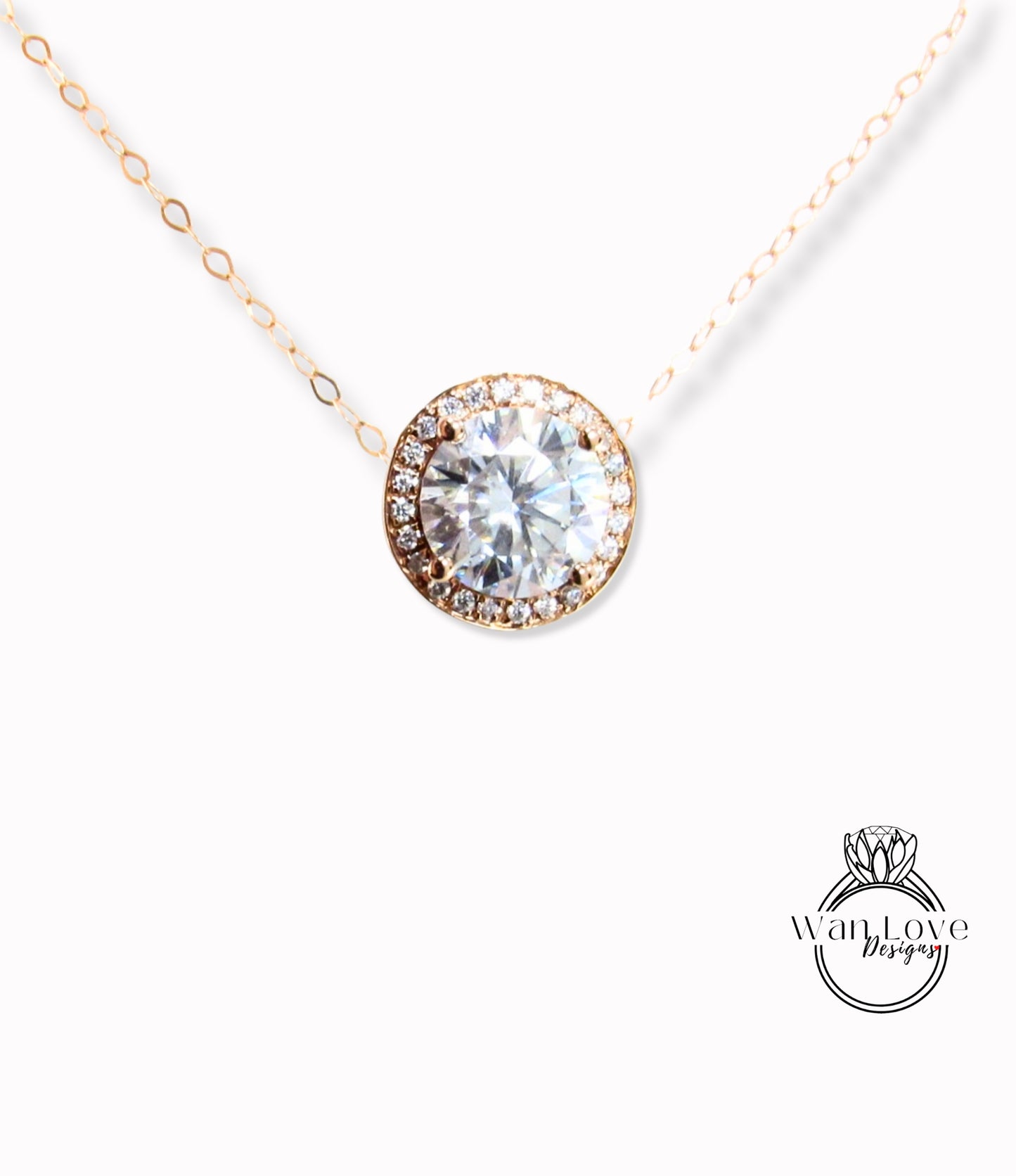 Moissanite Halo Round Pendant Charm Necklace Thin Dainty Chain, 2ct, 8mm, Anniversary Gift, Wedding, White OR Rose Gold-Ready to Ship