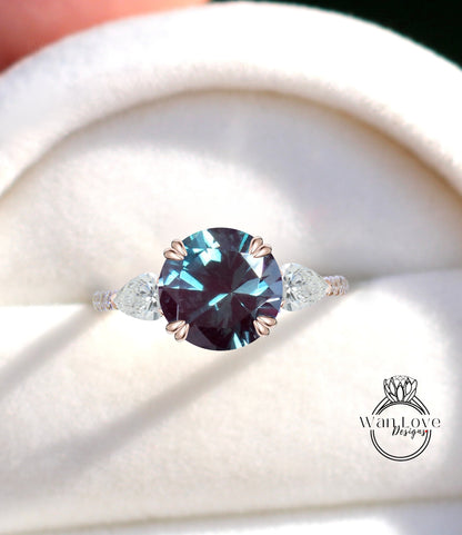 Alexandrite Round Pear Diamond Ring, Three Stone Moissanite Ring, Round color change engagement Ring, Diamond Band Ring