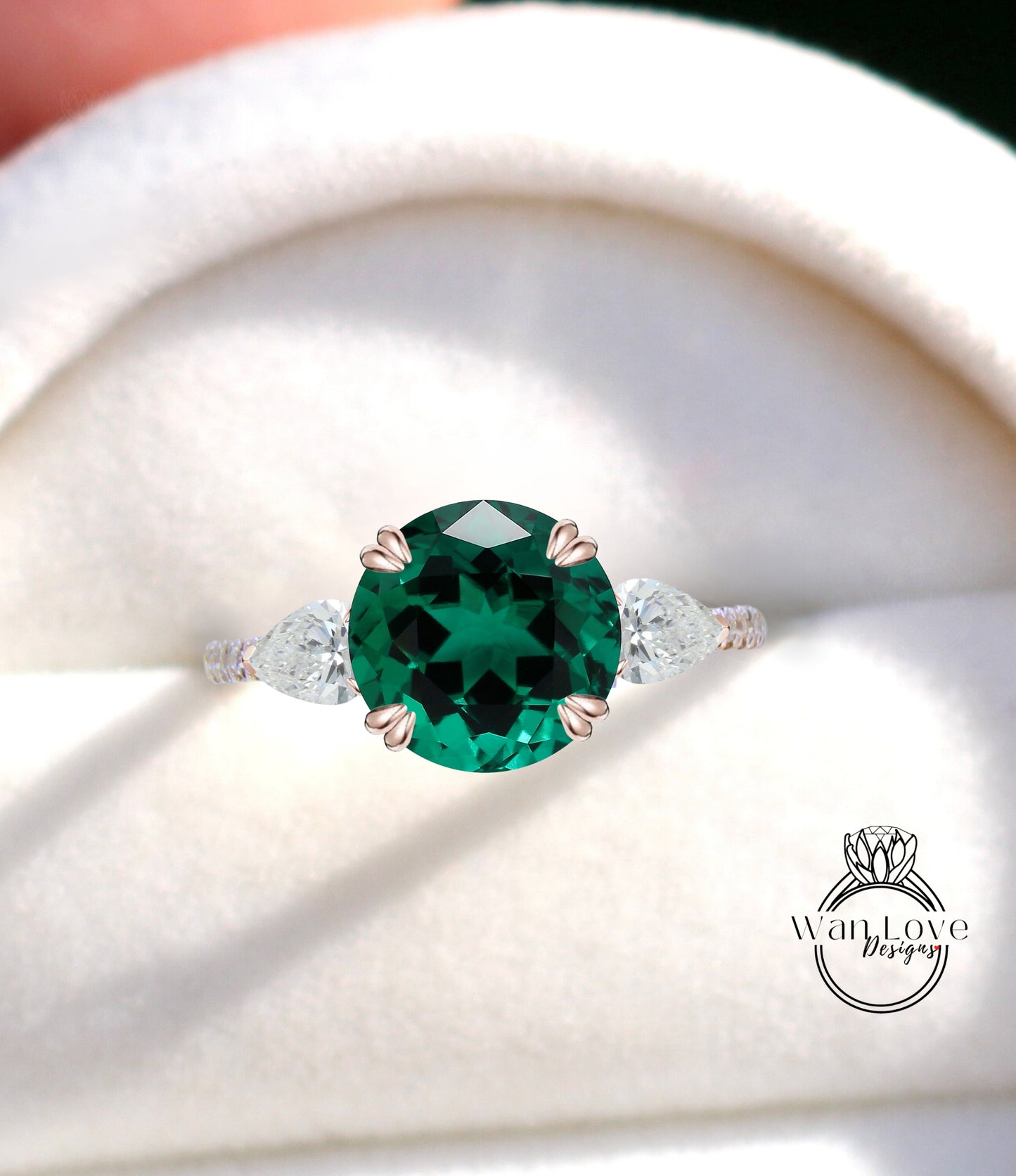 Emerald Round Pear Diamond Ring, Three Stone Moissanite Ring, Round green engagement Ring, Diamond Band Ring