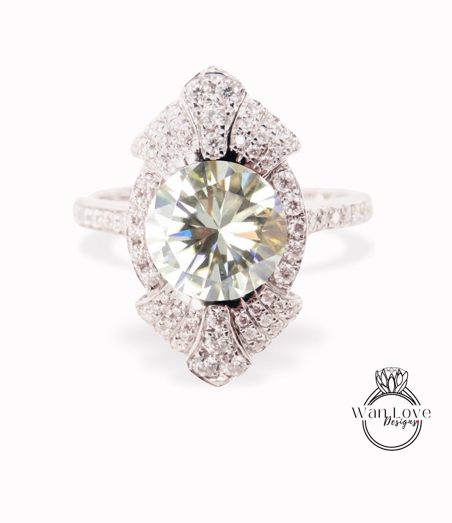 Anello di fidanzamento con moissanite champagne a forma rotonda vintage Anello di fidanzamento unico in oro bianco da donna Anello con pavé di diamanti Art Déco con castone a grappolo