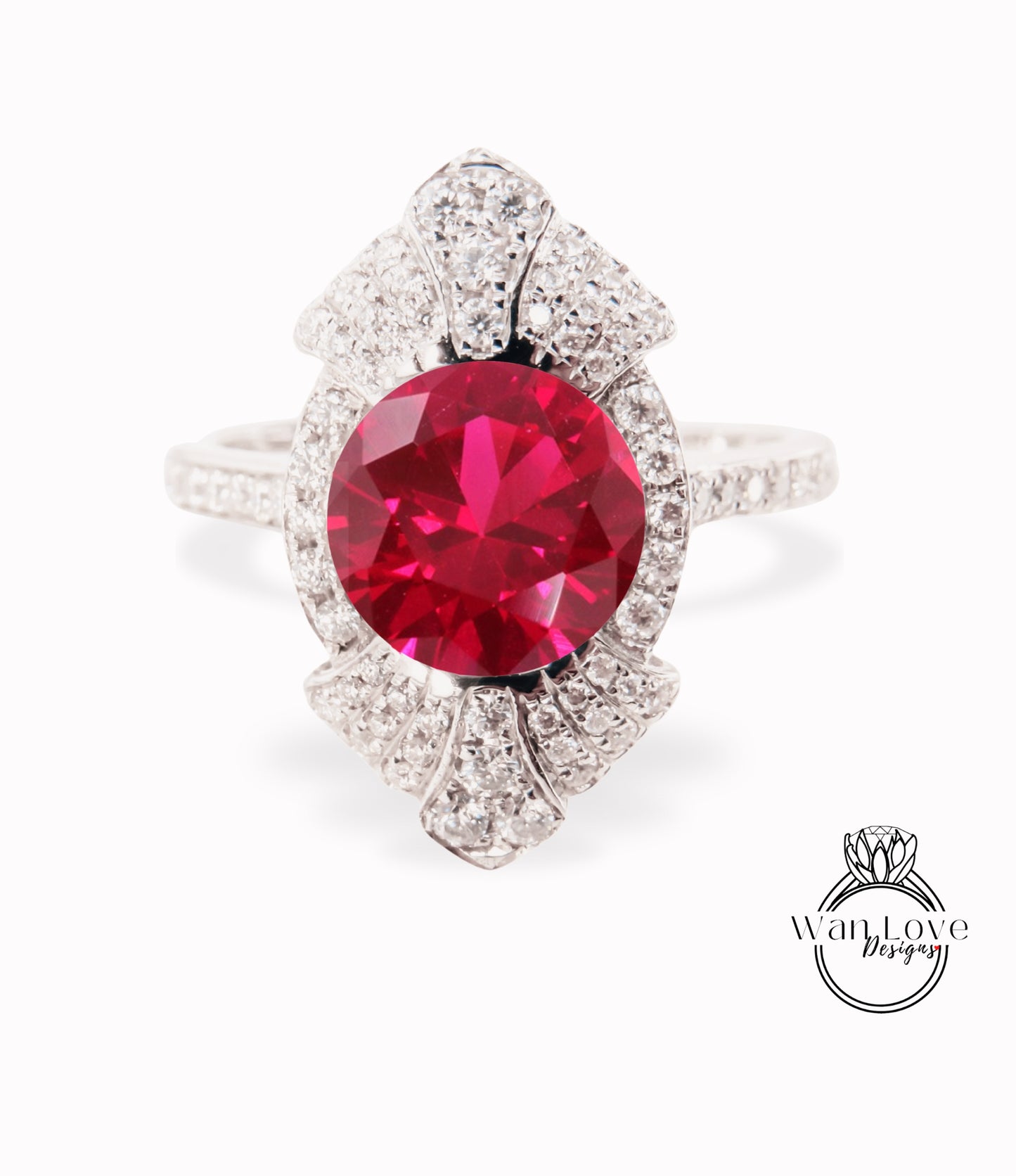 Round shaped Ruby engagement ring vintage Unique white gold engagement ring woman Art Deco diamond Bezel Cluster ring Promise ring