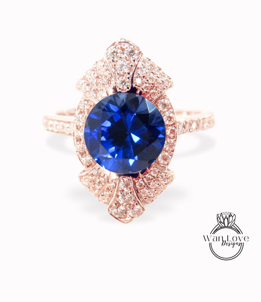 Anello di fidanzamento con zaffiro blu a forma rotonda vintage Anello di fidanzamento unico in oro bianco da donna Anello a grappolo con diamanti Art Déco Anello di promessa