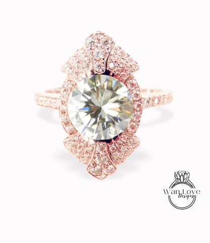 Anello di fidanzamento con moissanite champagne a forma rotonda vintage Anello di fidanzamento unico in oro bianco da donna Anello con pavé di diamanti Art Déco con castone a grappolo