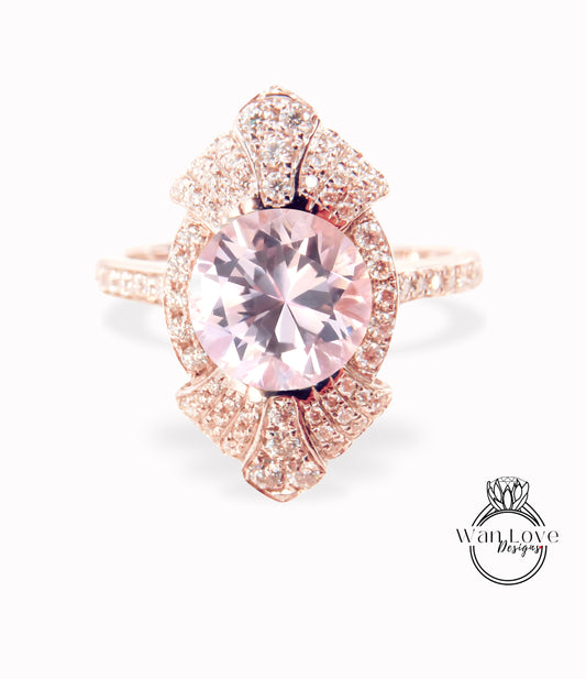 Anello di fidanzamento con zaffiro pesca a forma rotonda vintage Anello di fidanzamento unico in oro bianco donna Anello con castone con diamanti Art Déco Anello a grappolo Anello di promessa