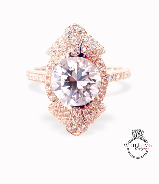 Anello di fidanzamento con zaffiro rosa chiaro a forma rotonda vintage Anello di fidanzamento unico in oro bianco da donna Anello a grappolo con castone Art Deco con diamanti Promessa