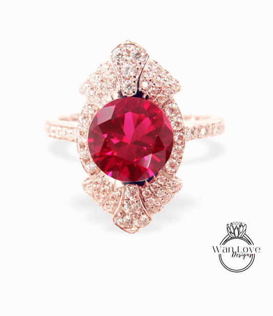 Round shaped Ruby engagement ring vintage Unique white gold engagement ring woman Art Deco diamond Bezel Cluster ring Promise ring