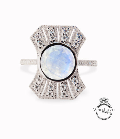 Anello di fidanzamento con diamante vintage Moonstone, anello aureola Art Deco, anello moissanite con lunetta rotonda Milgrain, anello Moon Stone con diamanti