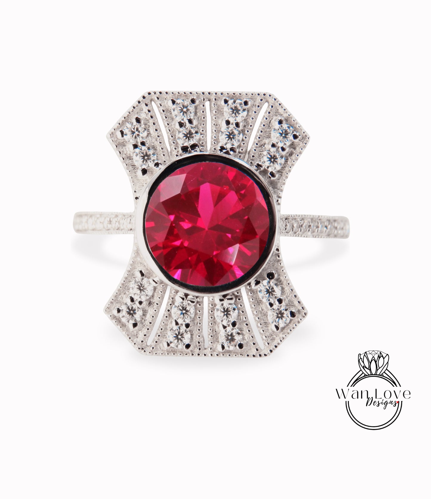 Vintage Diamond Ruby Engagement Ring, Art Deco moissanite halo ring, Milgrain round bezel ring, Ruby ring with Diamonds