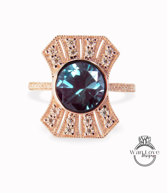 Vintage Diamond Alexandrite Engagement Ring, Art Deco moissanite halo ring, Milgrain round bezel ring, Alexandrite ring with Diamonds