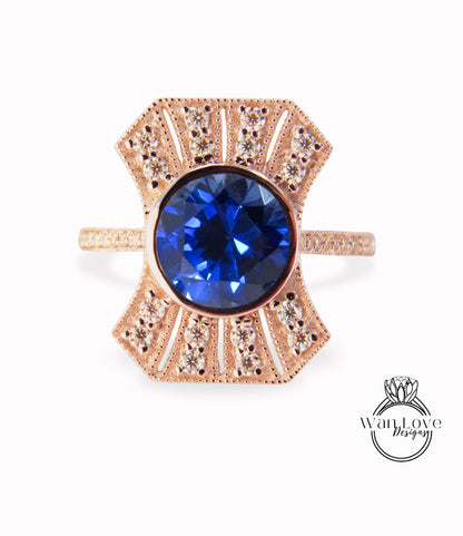 Vintage Diamond Blue Sapphire Engagement Ring, Art Deco moissanite halo ring, Milgrain round bezel ring, Sapphire ring with Diamonds