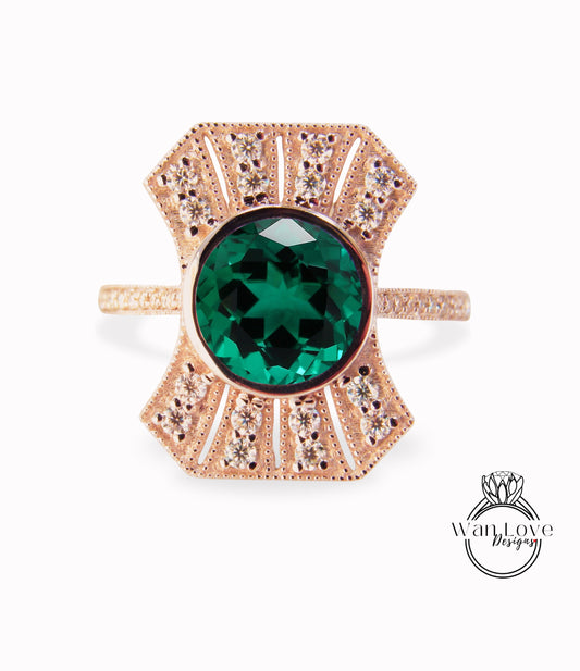 Vintage Diamond Emerald Engagement Ring, Art Deco moissanite halo ring, Milgrain round bezel ring, Antique Green ring with Diamonds halo