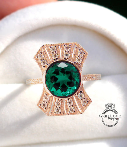 Vintage Diamond Emerald Engagement Ring, Art Deco moissanite halo ring, Milgrain round bezel ring, Antique Green ring with Diamonds halo