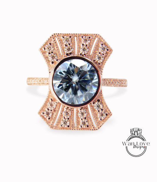 Vintage Diamond Gray Moissanite Engagement Ring Art Deco Milgrain round bezel ring unique halo ring wedding Anniversary promise ring bridal
