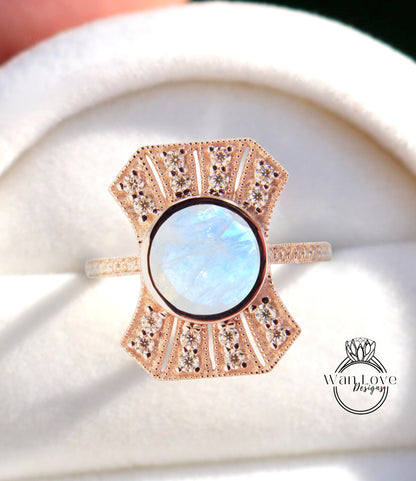 Anello di fidanzamento con diamante vintage Moonstone, anello aureola Art Deco, anello moissanite con lunetta rotonda Milgrain, anello Moon Stone con diamanti