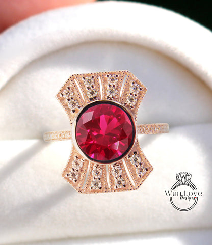 Vintage Diamond Ruby Engagement Ring, Art Deco moissanite halo ring, Milgrain round bezel ring, Ruby ring with Diamonds