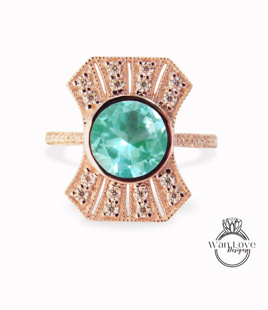 Anello di fidanzamento vintage Diamond Teal Spinel, anello di alone di moissanite Art Déco, anello con castone rotondo Milgrain, anello Spinel Paraiba con diamanti