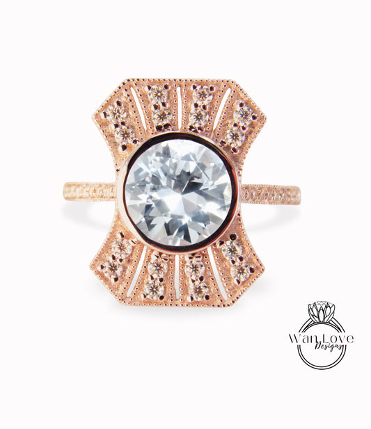 Vintage Diamond White Sapphire Engagement Ring, Art Deco Moissanite halo ring, Milgrain round bezel ring, Sapphire ring with Diamonds