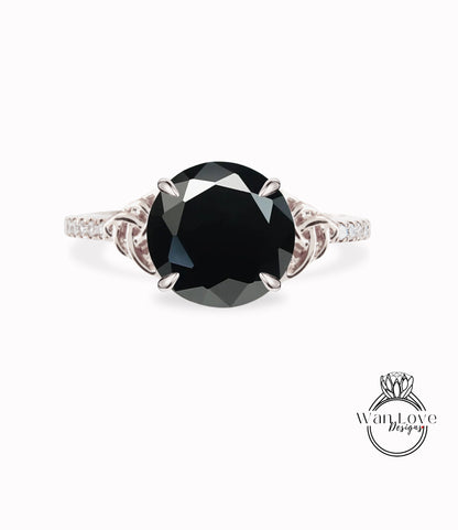 Celtic Round Black Spinel engagement ring white gold half eternity band Celtic diamond wedding bridal ring Unique Anniversary Promise ring