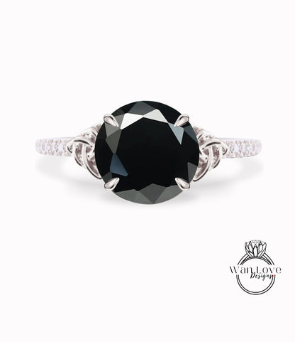 Black Spinel & Diamond Celtic Knot Round Engagement Ring, Custom, 14k 18k White Yellow Rose Gold, Platinum-Wedding-Anniversary Gift