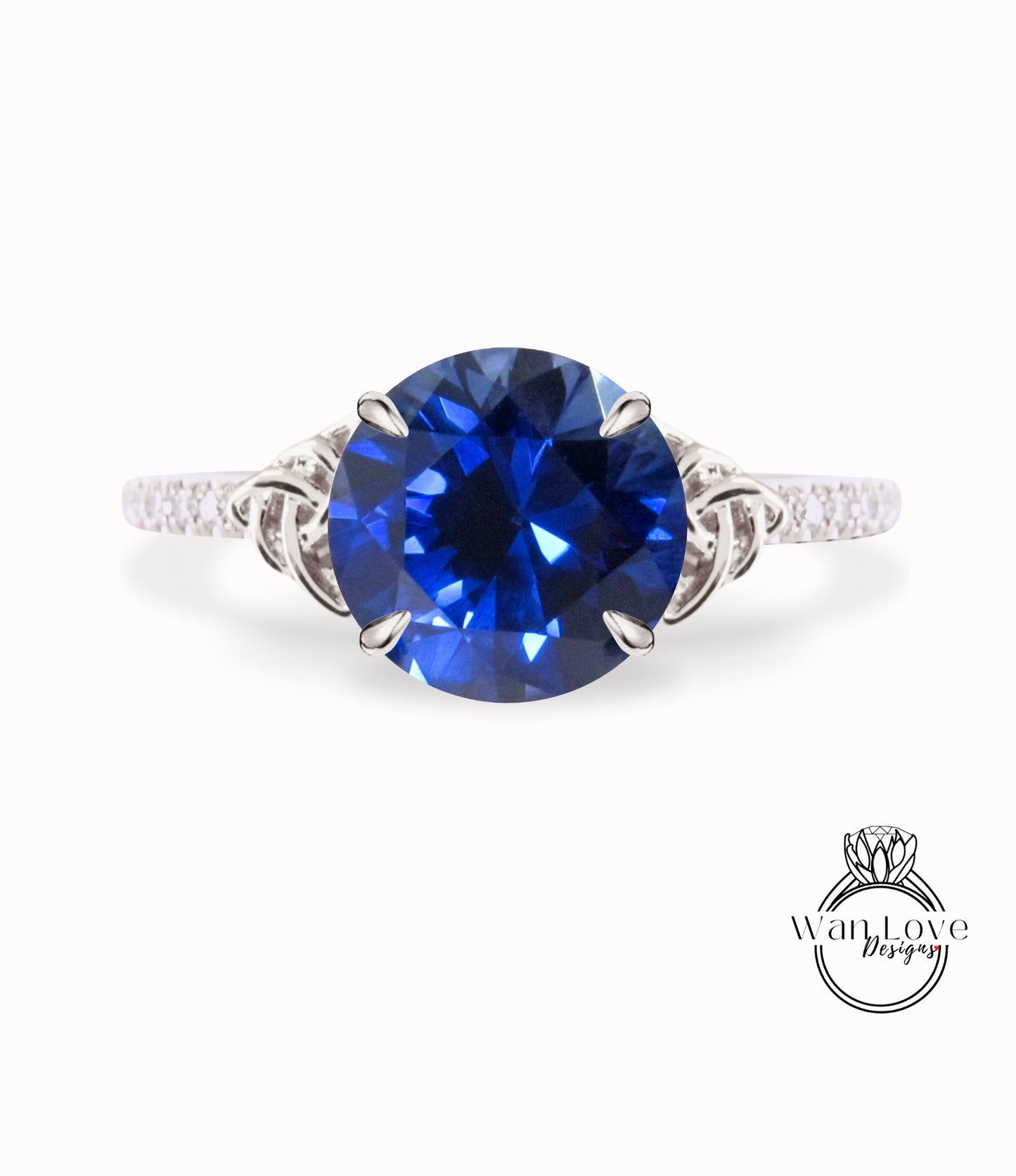 Blue Sapphire & Diamond Celtic Knot Round Engagement Ring, Custom, 14k 18k White Yellow Rose Gold, Platinum-Wedding-Anniversary Gift