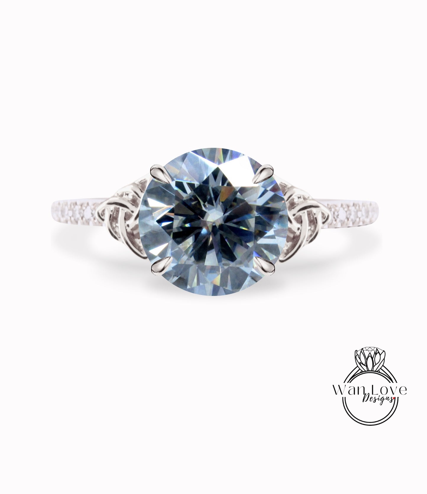 Grey Moissanite & Diamond Celtic Knot Round Engagement Ring, Custom, 14k 18k White Yellow Rose Gold, Platinum-Wedding-Anniversary Gift
