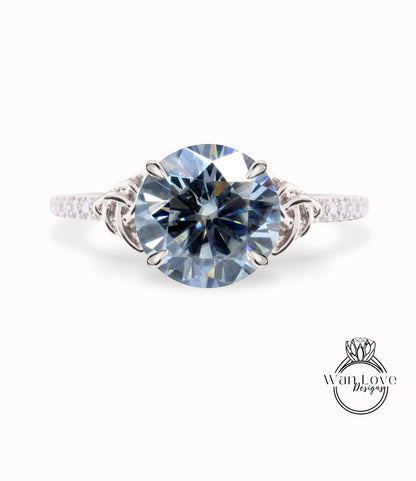 Grey Moissanite & Diamond Celtic Knot Round Engagement Ring, Custom, 14k 18k White Yellow Rose Gold, Platinum-Wedding-Anniversary Gift